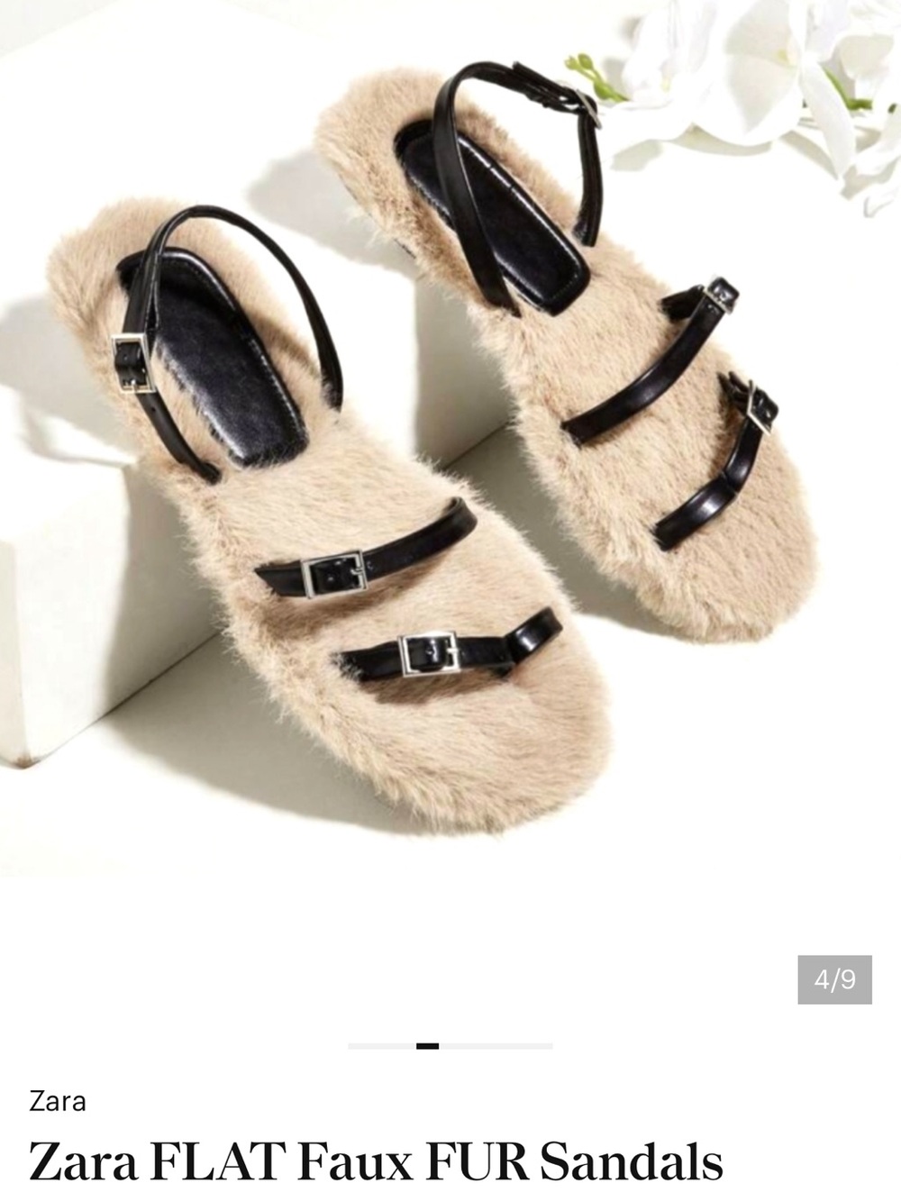 Zara Black Strappy Sandals with Beige Faux Fur